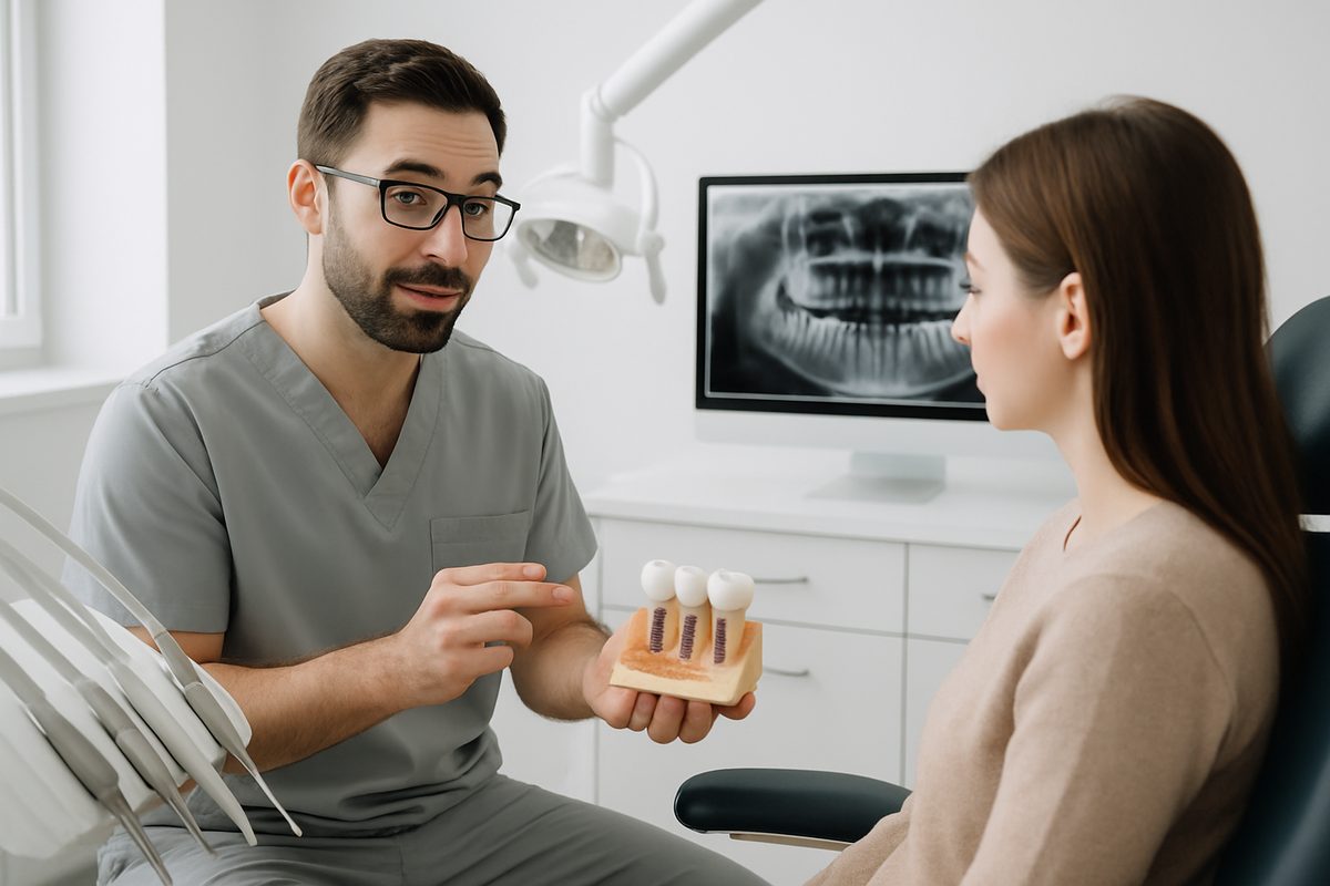 Image of a modern dental office with a dentist explaining an implant treatment plan to a patient, using a 3D model of the patient's jaw with implants. No text on image.