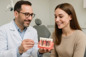 Image of a dentist explaining full mouth dental implants to a patient using a model of a jaw with implants. The patient is smiling and engaged. No text on the image.