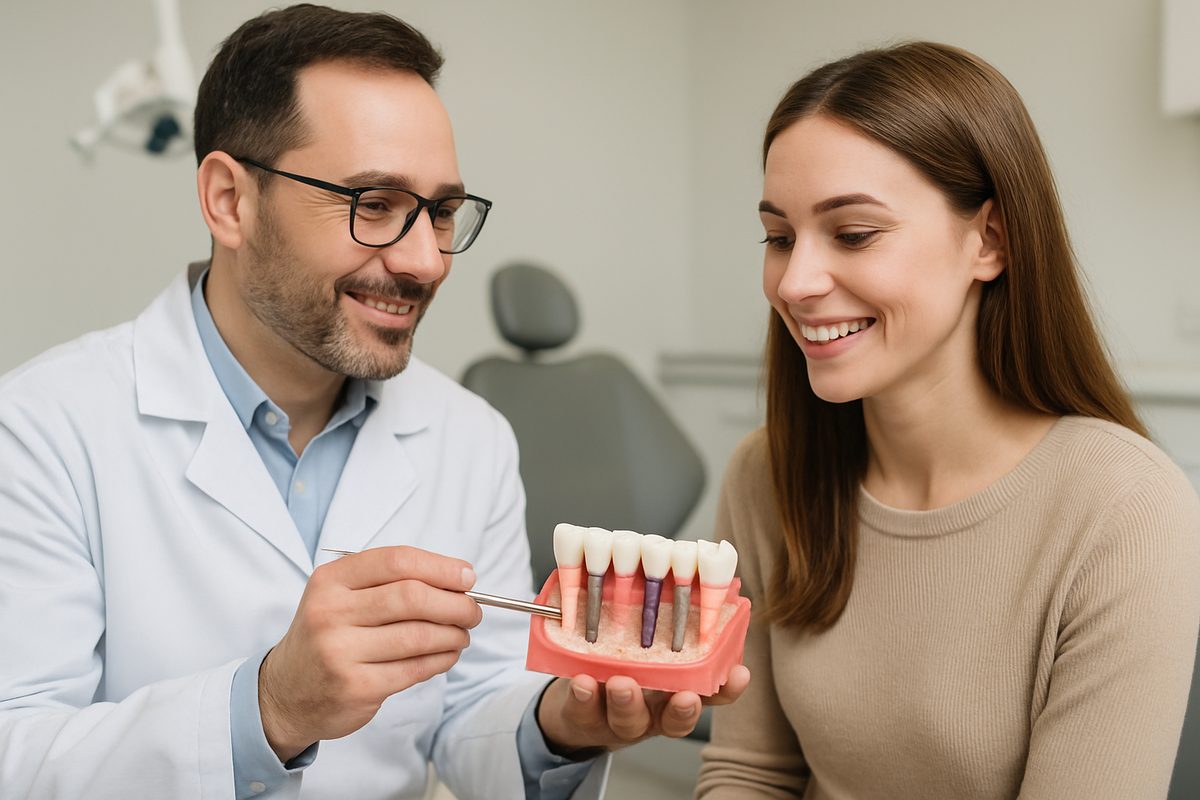 Image of a dentist explaining full mouth dental implants to a patient using a model of a jaw with implants. The patient is smiling and engaged. No text on the image.