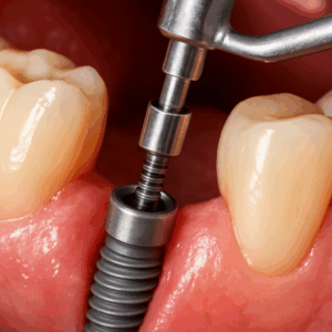 Close up image of the abutment screwing into a dental implant in a patient's mouth. No text on the image.