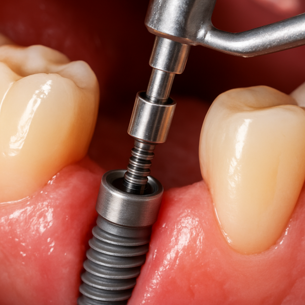 Close up image of the abutment screwing into a dental implant in a patient's mouth. No text on the image.