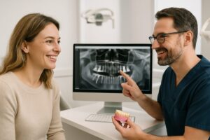 A smiling woman is confidently talking with her dentist specializing in implants in a modern dental office. The dentist is pointing to a 3D x-ray on a computer screen, illustrating the planned dental implant procedure. No text on the image.