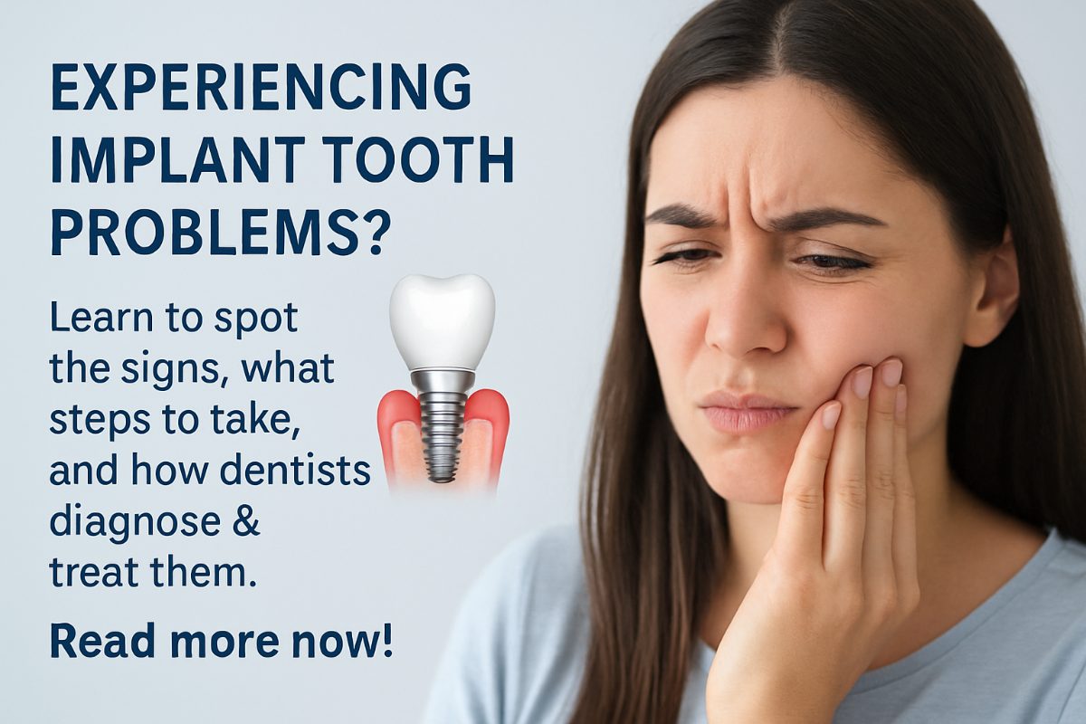 Close-up of an implant tooth with inflamed gums, surrounded by dental tools. No text on image.