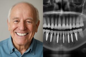 Photo of a smiling senior man with a full set of teeth, contrasted with an x-ray showing the implants supporting the teeth. No text on image.
