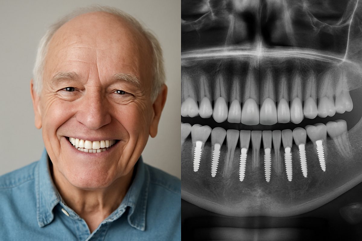 Photo of a smiling senior man with a full set of teeth, contrasted with an x-ray showing the implants supporting the teeth. No text on image.
