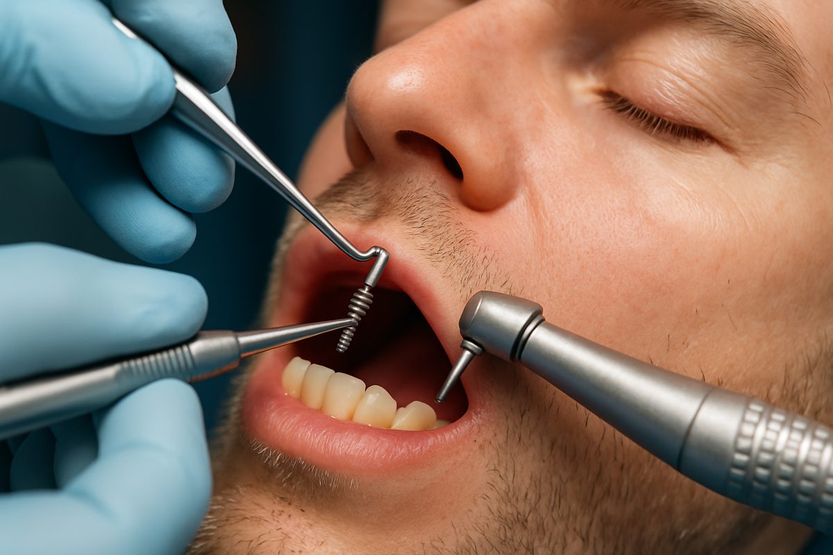 A close up image of a dentist carefully placing a post for dental implant into a patient's jaw, showcasing the precision and care involved in the procedure. No text on the image.