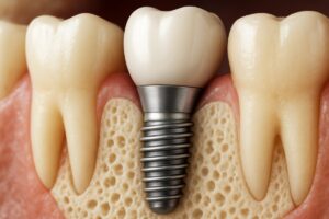 Close up image of a healthy dental implant with a strong connection to the jaw bone, showcasing its durability. No text on image.