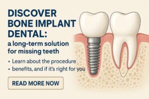Illustration of a dental implant next to a natural tooth, with text promoting bone implant dental solutions for missing teeth. A button at the bottom says, Read More Now.