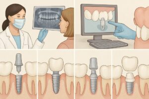 A step-by-step visual guide showcasing how dental implants are done, from initial consultation and 3D imaging, to implant placement, healing, abutment, and final crown placement. No text on the image.